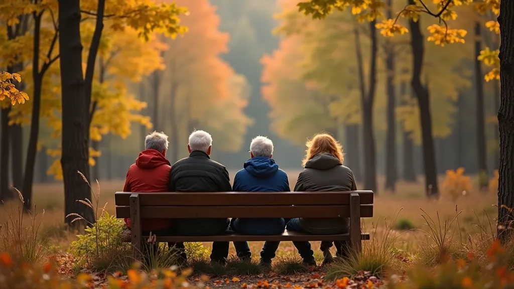 Senioru grupa atpūšas uz koka sola meža vidū, skaists rudens laika laikā